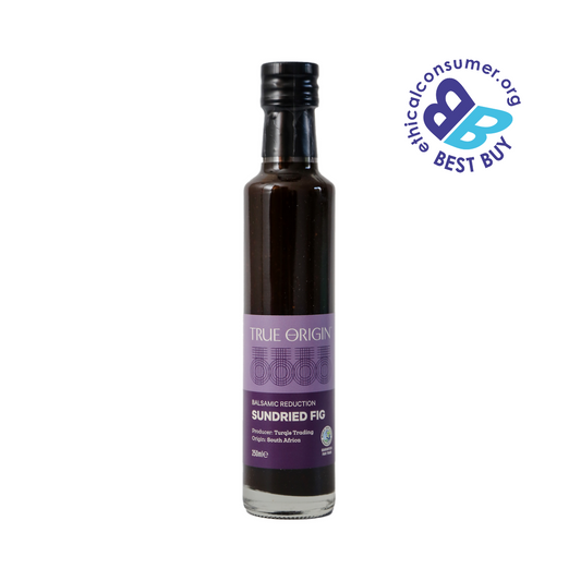 Bottle of fair and fine True Origin Sundried Fig Balsamic Reduction with a Best Buy label on a white background