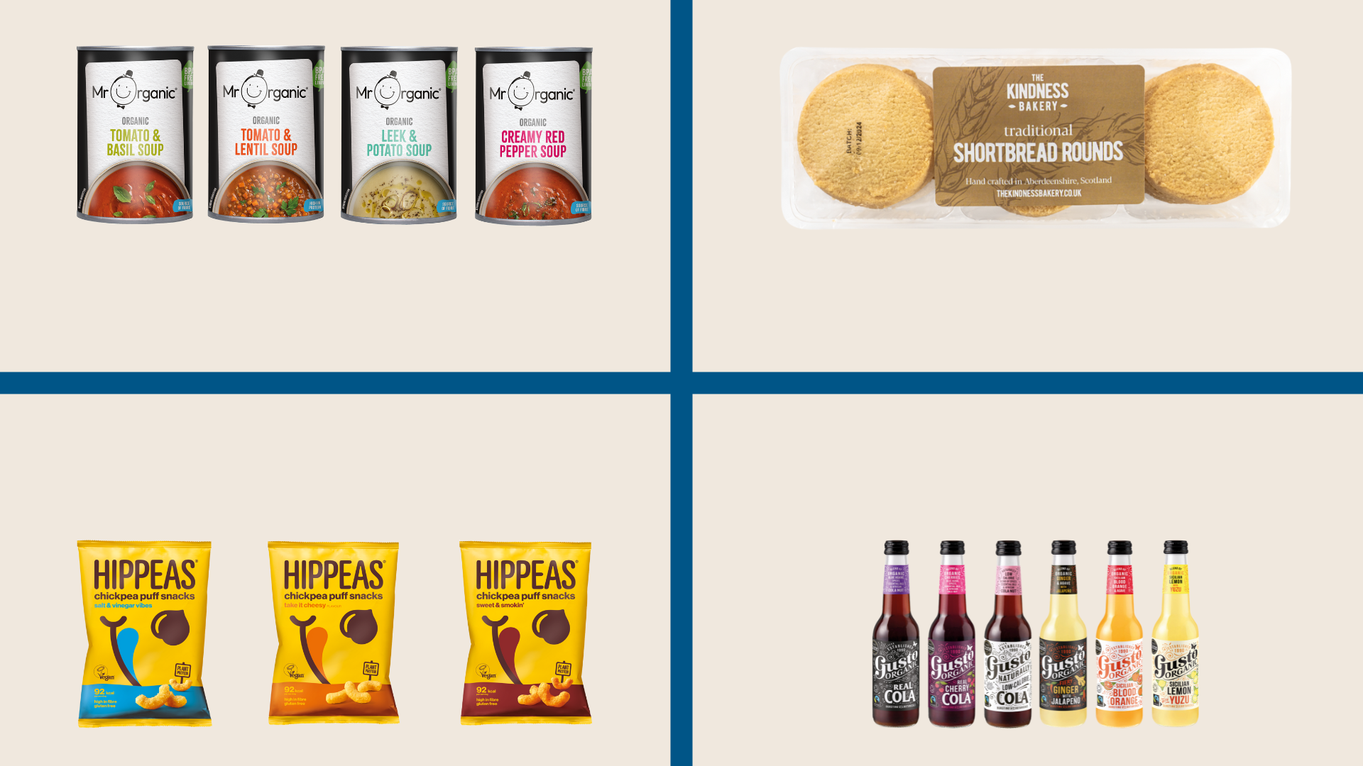 Grid of food products including organic Hippeas snacks, kindness cookies, organic soup and gusto soft drink bottles.