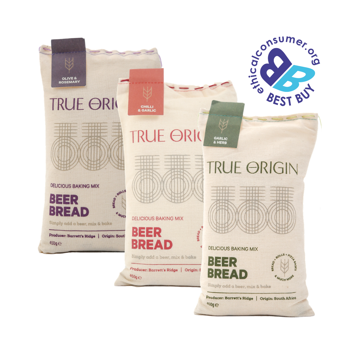 Three packages of True Origin Beer Bread baking mix with a Ethical Consumer 'Best Buy' label, on a white background.