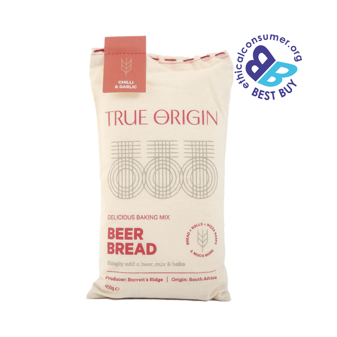 Bag of True Origin chilli and garlic beer bread baking mix with a Best Buy Ethical Consumer logo.