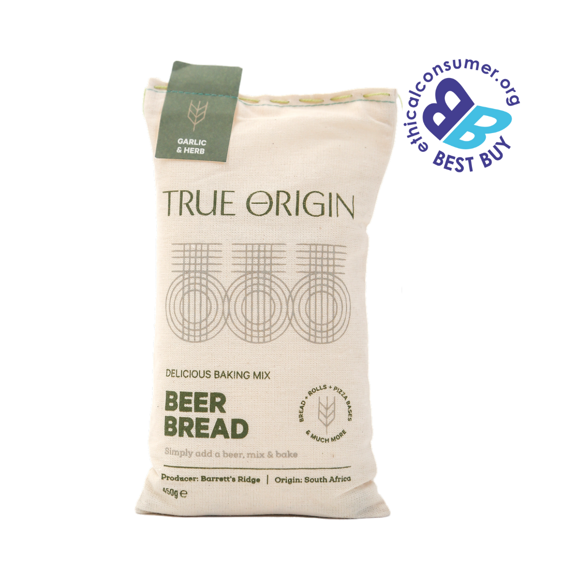 Bag of True Origin Garlic & Herb beer bread baking mix with a visible Best Buy logo.