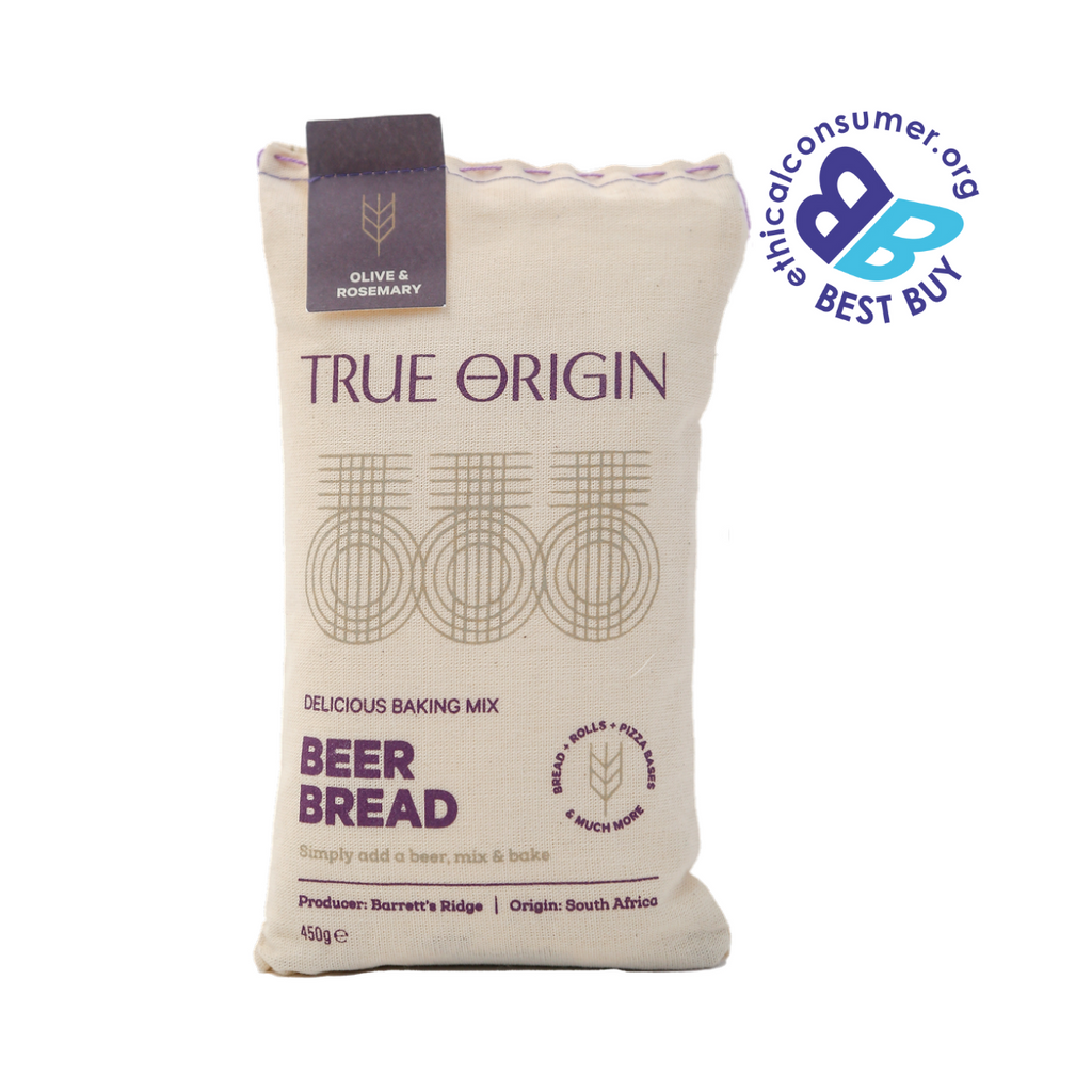 Bag of olive and rosemary True Origin beer bread baking mix from South Africa with a visible Best Buy logo.