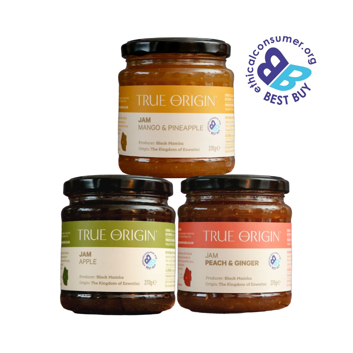 Three jars of True Origin jam with labels for Mango & Pineapple, Apple, and Peach & Ginger on a white background, along with the best buy logo.
