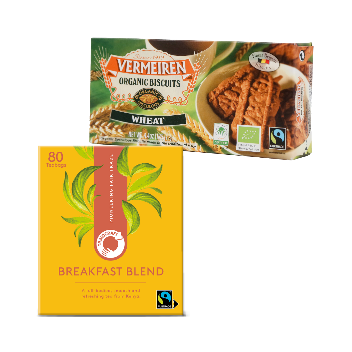 Packaging for Traidcraft Fairtrade Breakfast Blend Tea and Vermeiren Speculoos Wheat Biscuits, both with visible branding and biscuits.