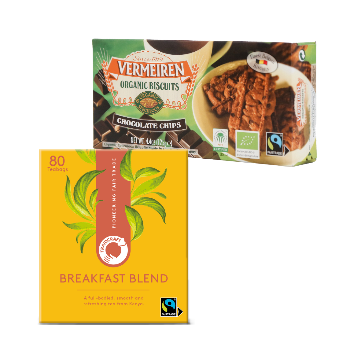 The image shows a package of Traidcraft Breakfast Blend Tea and a box of Chocolate Chip Speculoos Biscuits. The tea pack is yellow with a green leaf and the biscuit pack is brown with an image of the biscuits.
