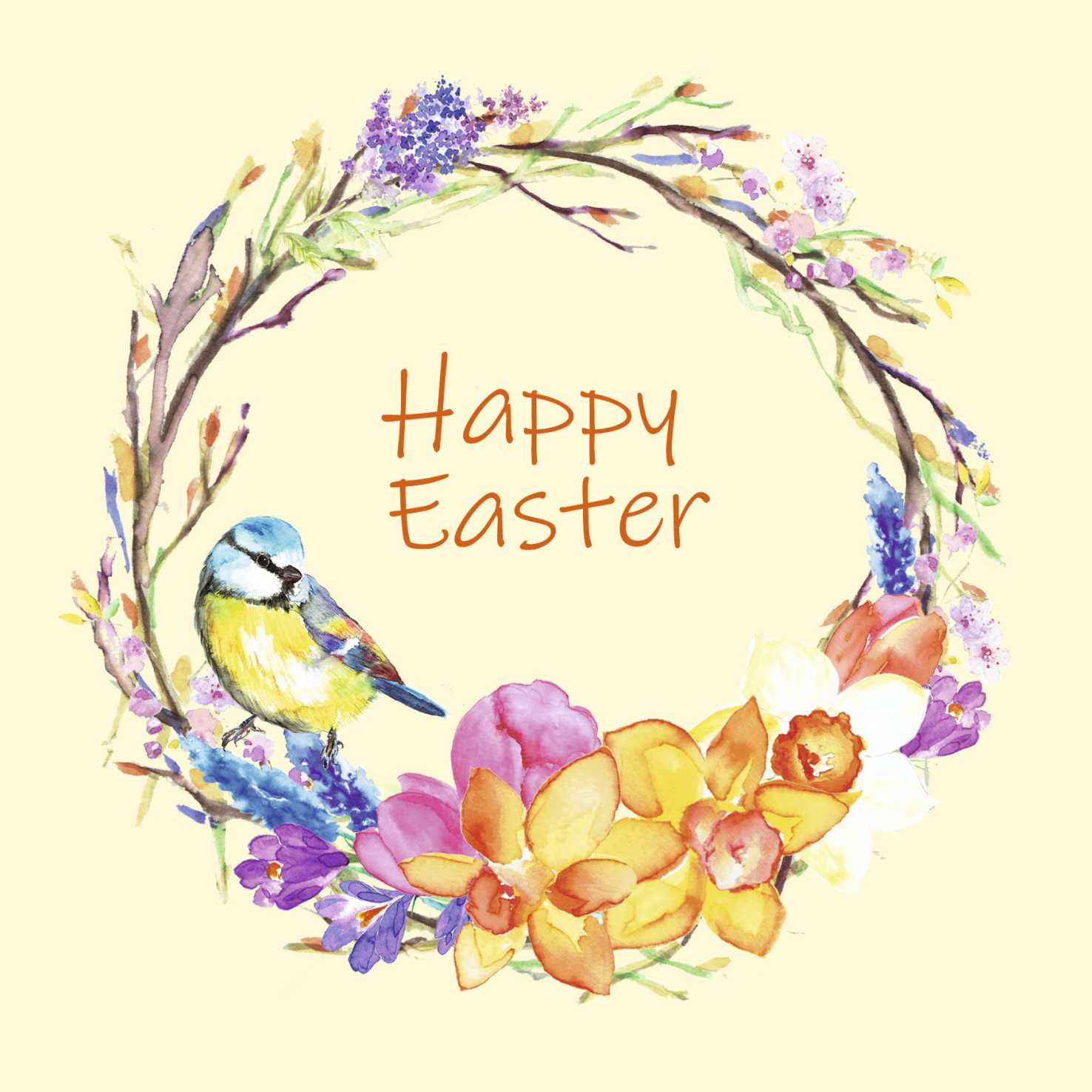 A colorful Easter greeting card with a watercolor illustration of a bird, flowers, and the text 'Happy Easter'.