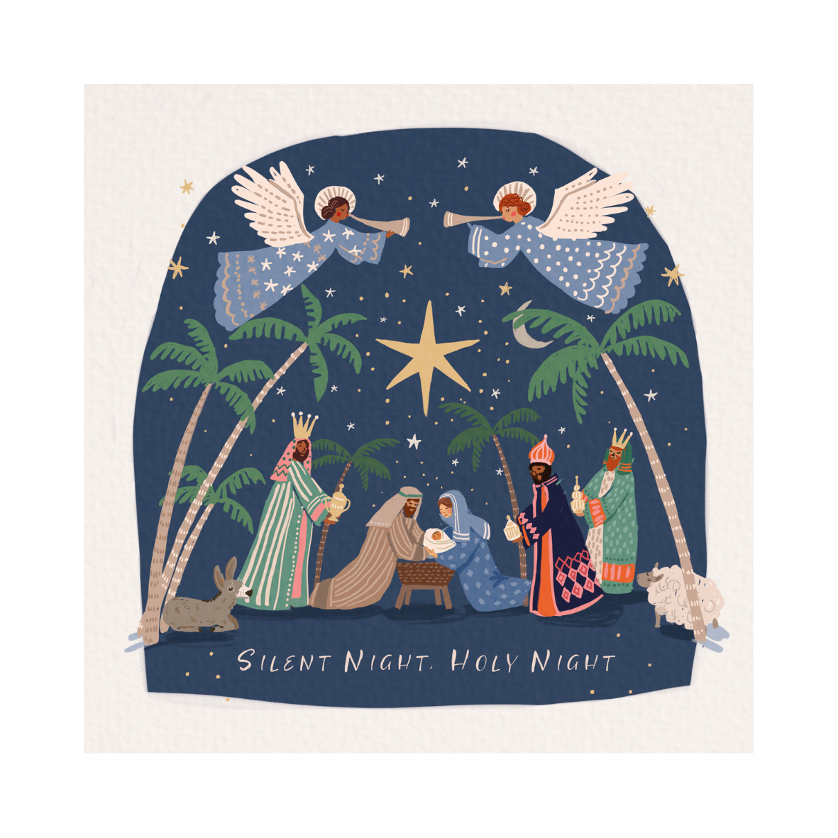 Illustration of a nativity scene with three wise men and baby Jesus, set against a starry night sky, Christmas card, on a white background.