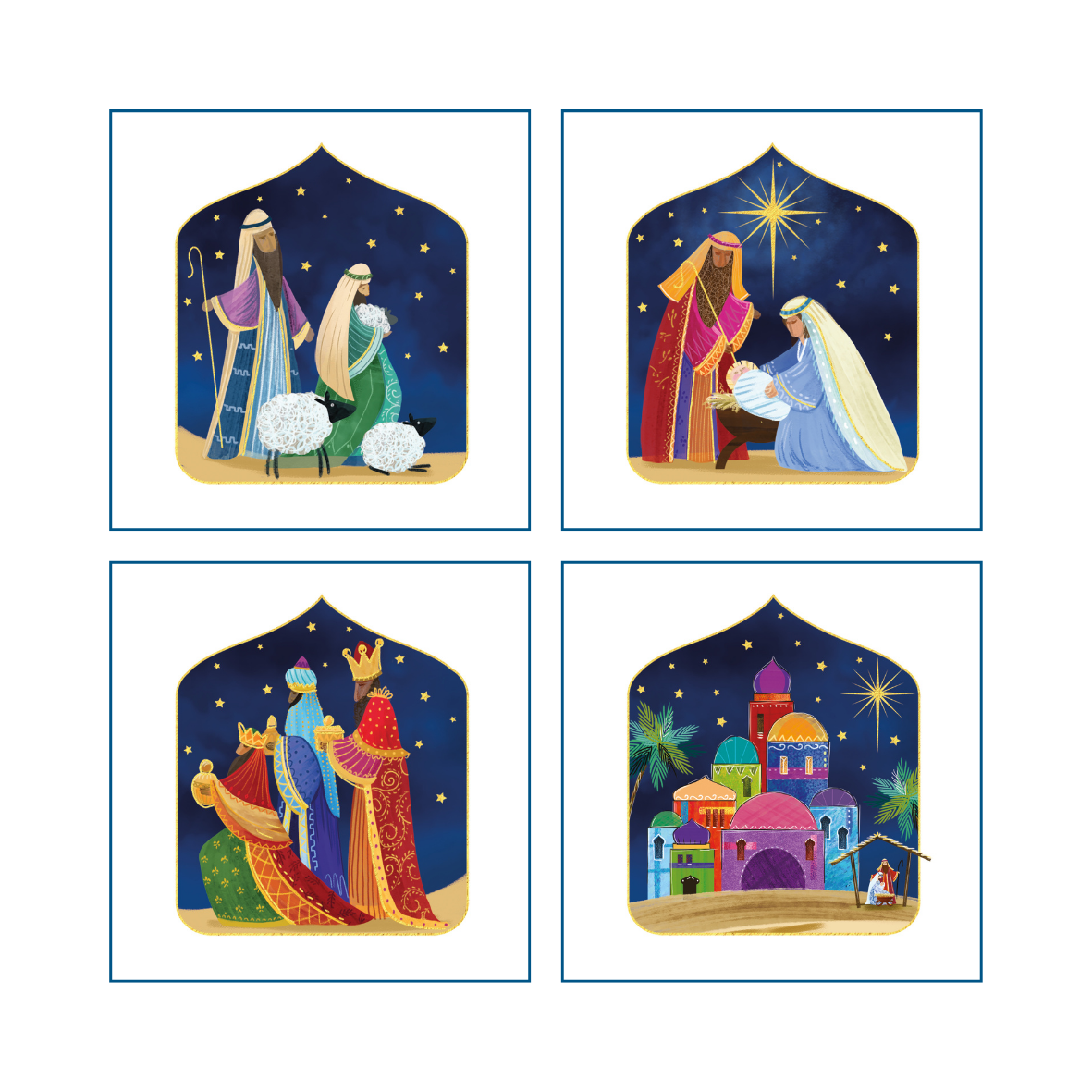 Set of four illustrated Christmas cards featuring scenes from the nativity story.