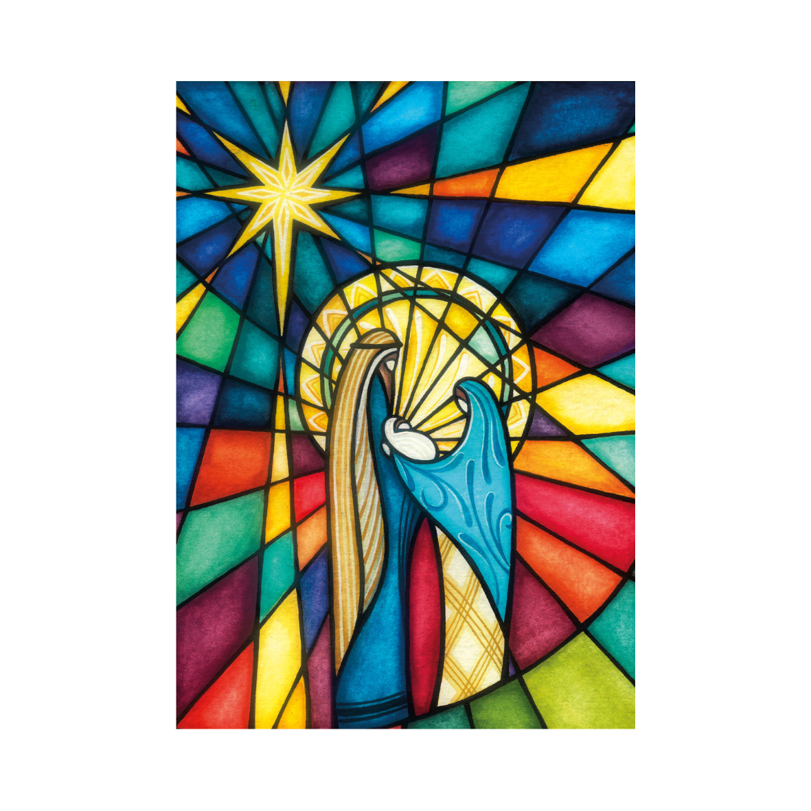 Colorful stained glass-style artwork of a Mary, Joseph and Jesus with a star above them, on a white background.