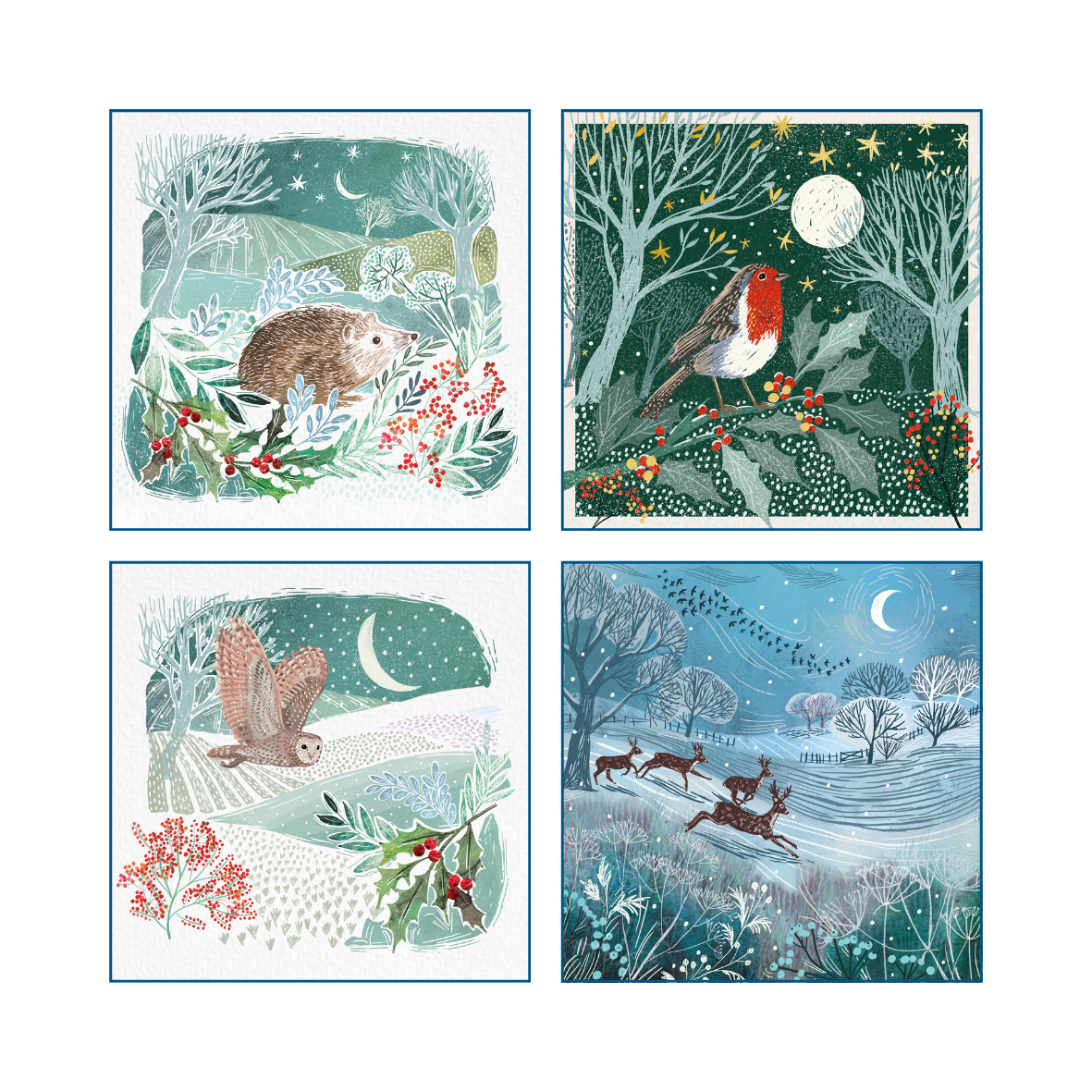 Set of four winter-themed Christmas cards featuring animals and nature, on a white background.