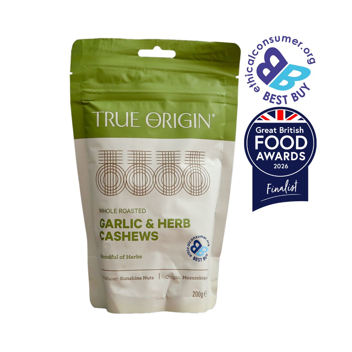A stand-up pouch of True Origin Garlic & Herb Cashews, featuring a green top section and a cream-colored lower section with product details. It is shown on a white background. Two award badges are displayed on the top right: The Best Buy Logo and Great British Food Awards 2026.