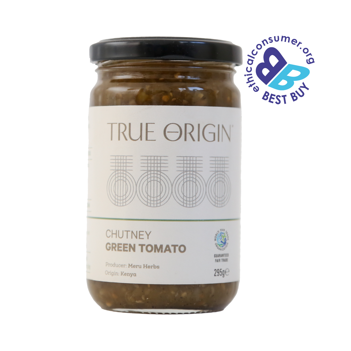 Jar of True Origin green tomato chutney from Kenya with a Best Buy badge on a white background. 