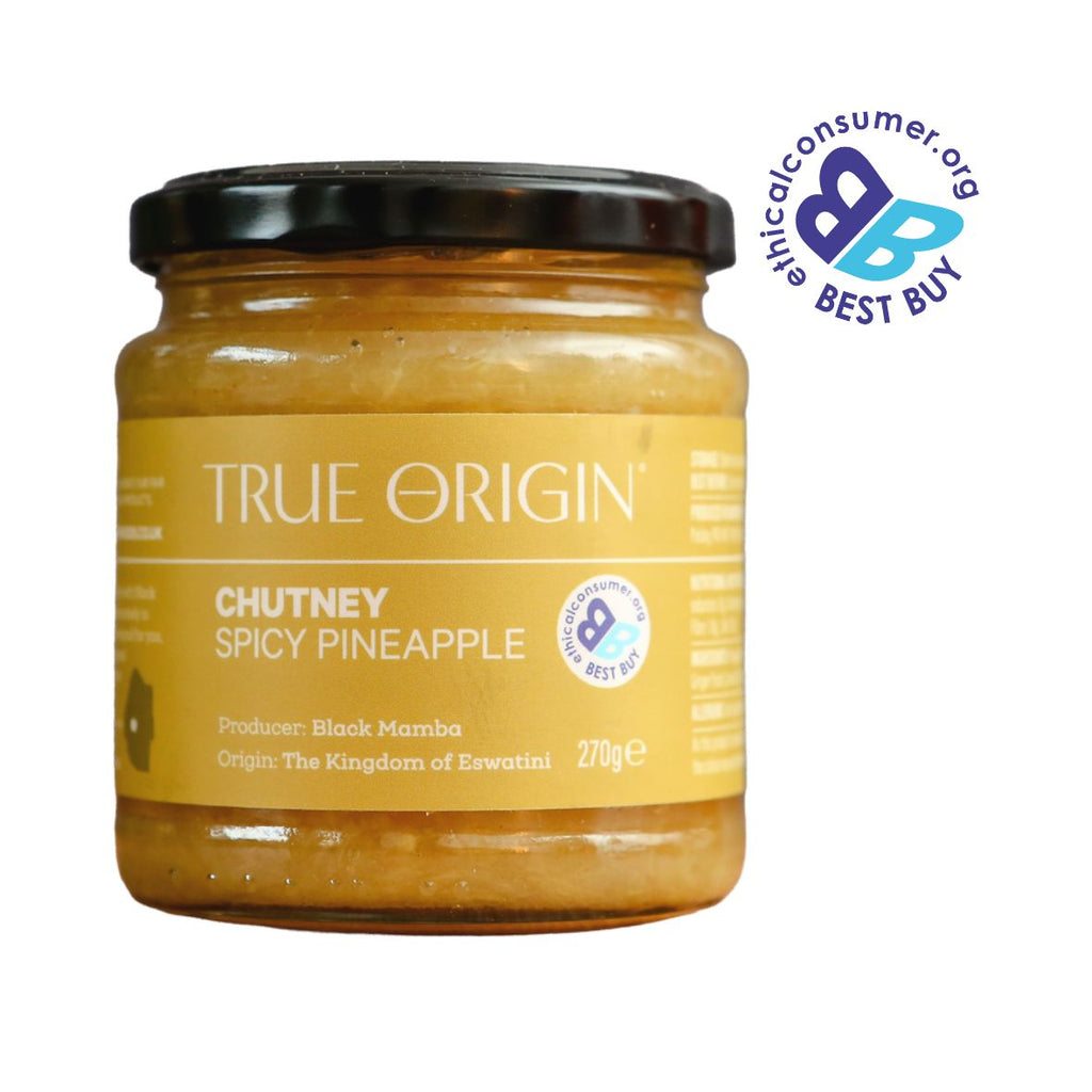Jar of True Origin Spicy Pineapple Chutney with a 'Best Buy' label on a white background from The Kingdom of Eswatini.