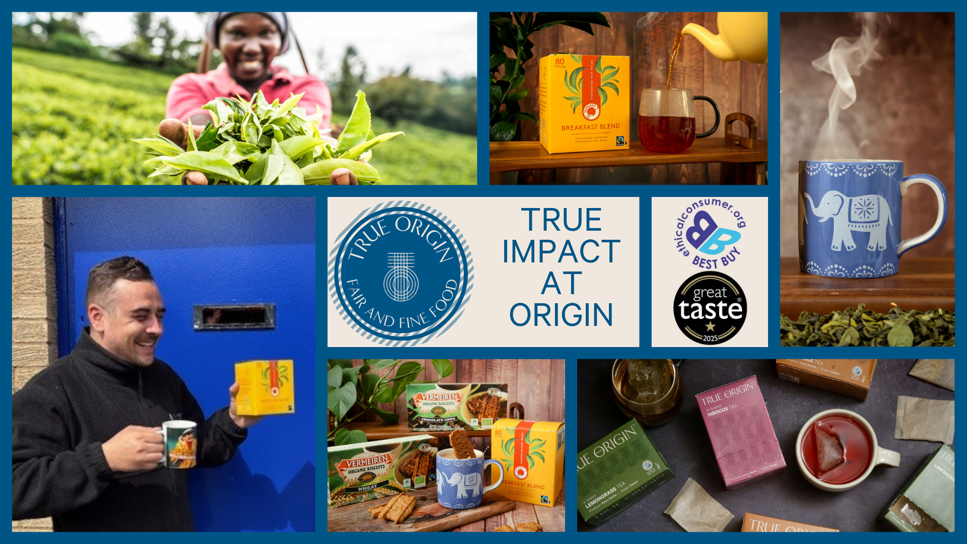 Collage of images related to tea packaging, consumption, and branding.