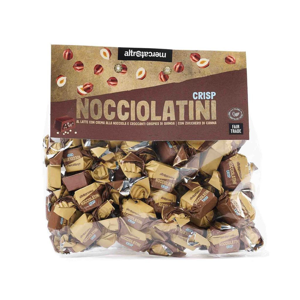 A transparent plastic bag containing individually wrapped chocolate nut crispie bites with a cardbaord label.