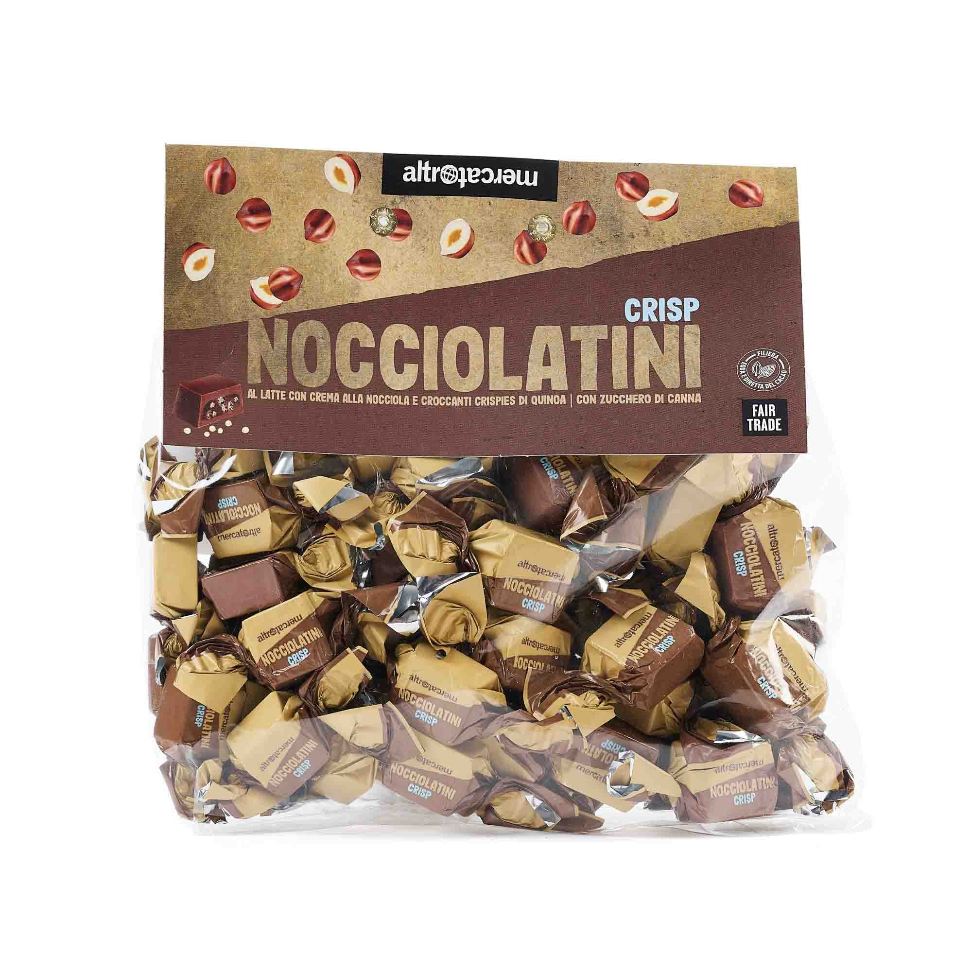 A transparent plastic bag containing individually wrapped chocolate nut crispie bites with a cardbaord label.