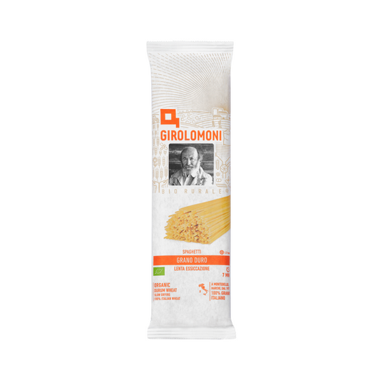 Girolomoni spaghetti package on a white background