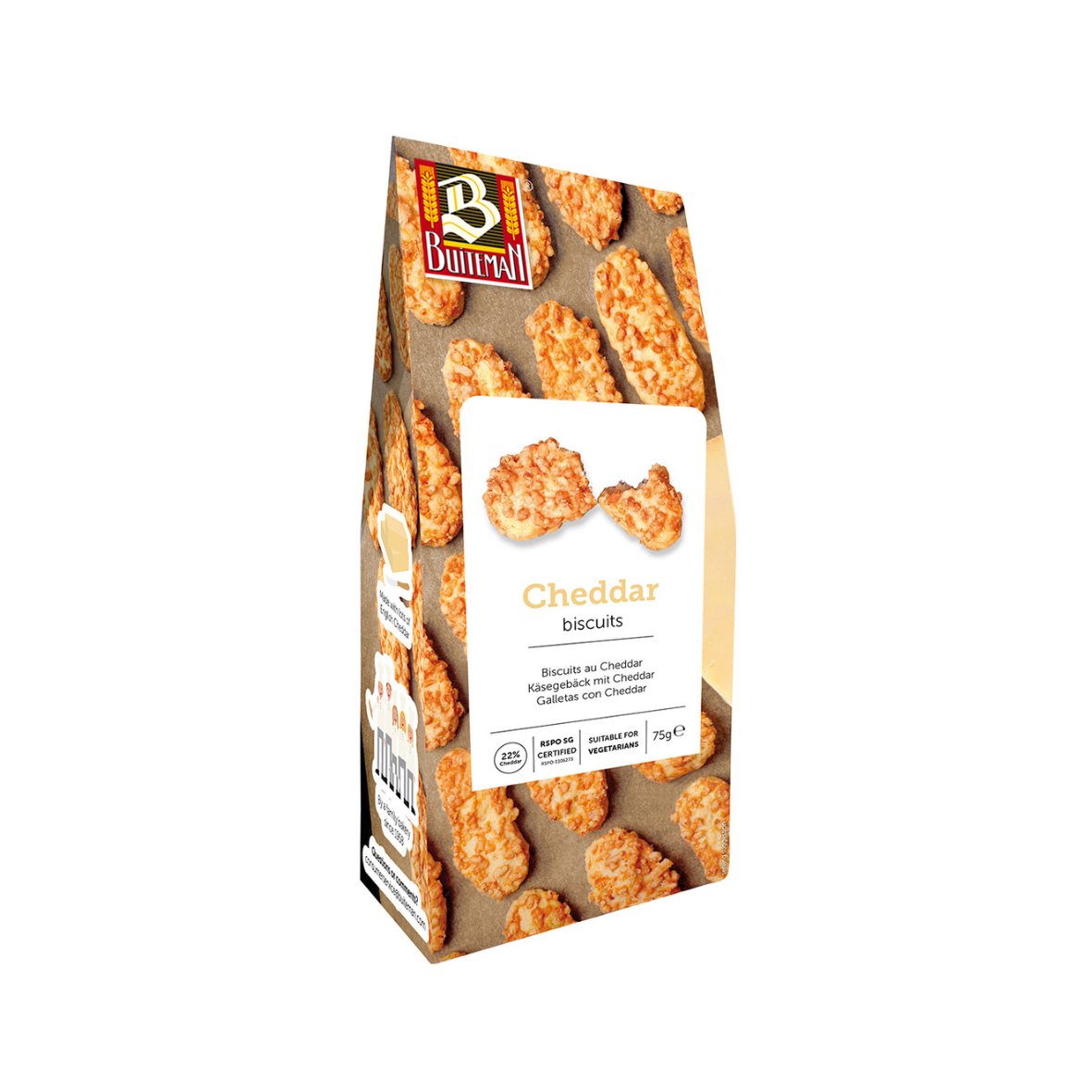 Packaging of Cheddar Biscuit showing the product name and images of the biscuits.