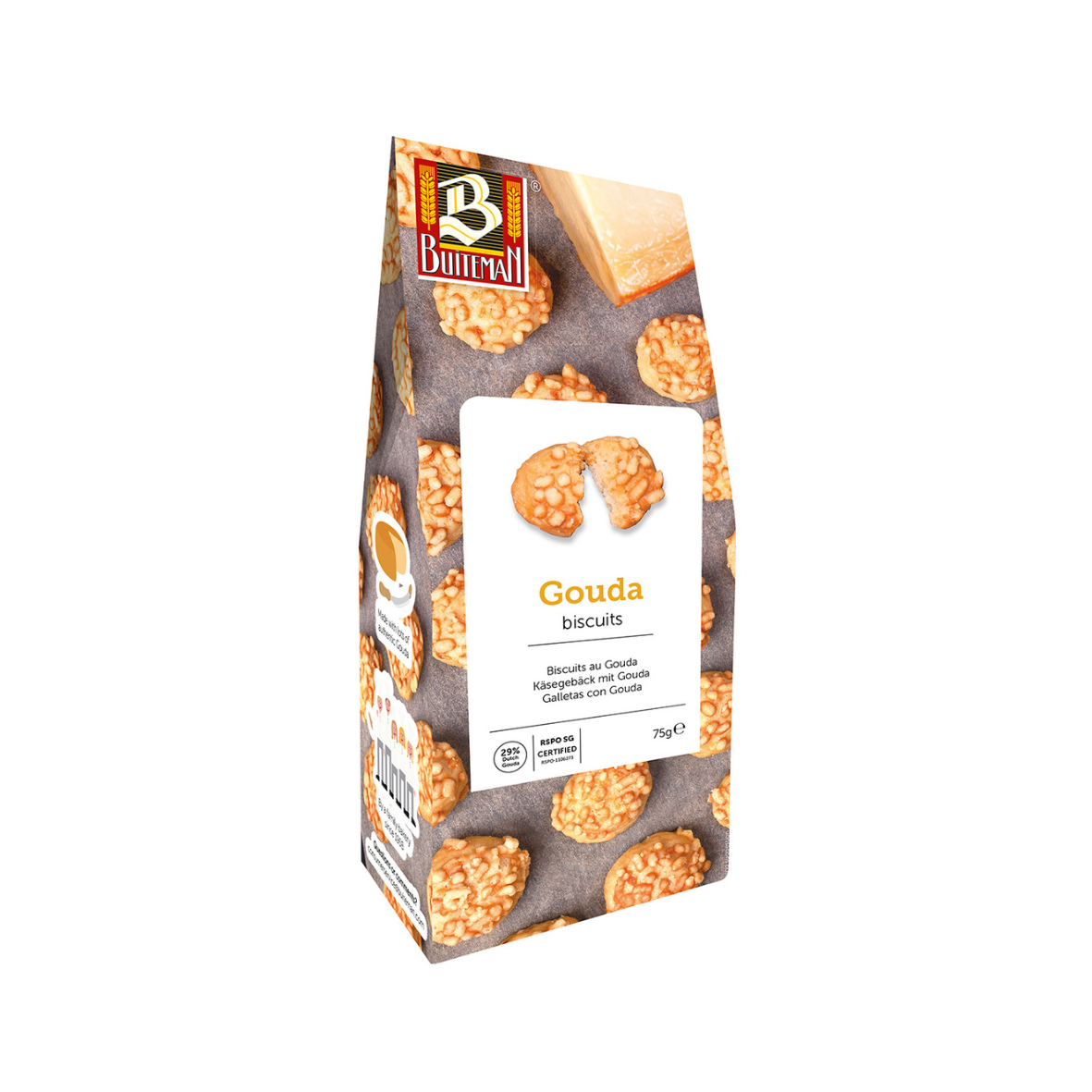 Packaging of Gouda Biscuits displaying the product and its name, with an image of the cheese biscuits on the front.