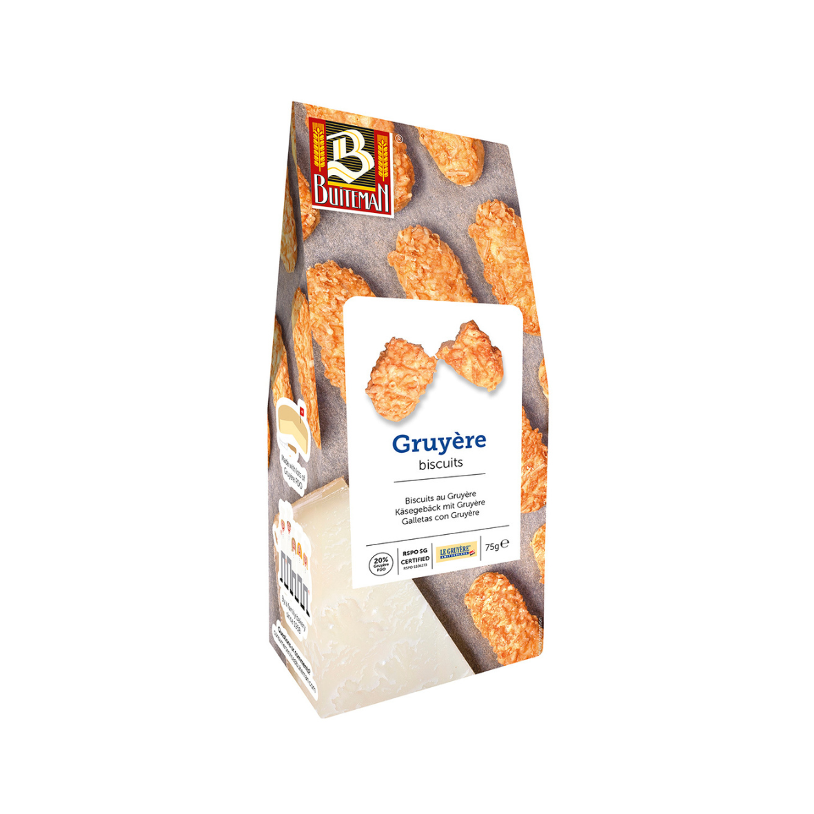 Packaging of Swiss Gruyere Bites by Bunzel, displaying the product name and images of the cheese biscuits.