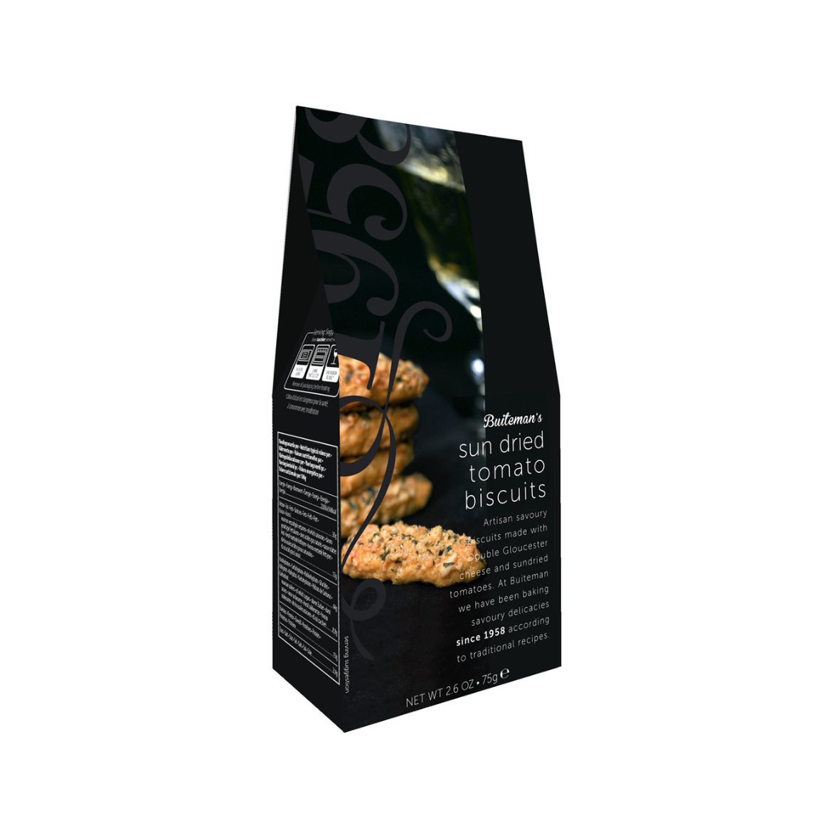 A packaged product of Sun-Dried Tomato Biscuits, showing the product name and an image of the biscuits on the front.