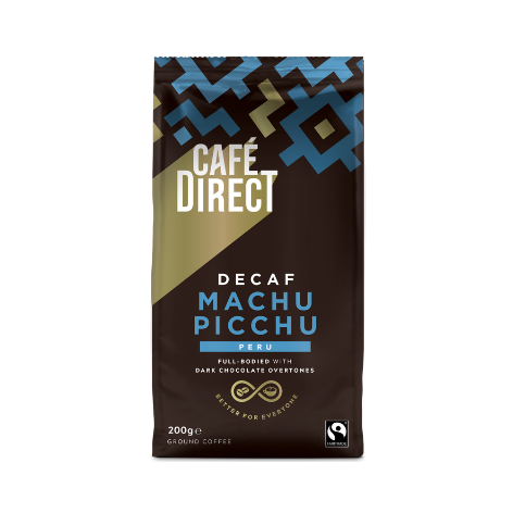 Packaging of Café Direct decaf Machu Picchu roast ground coffee, 200g size.