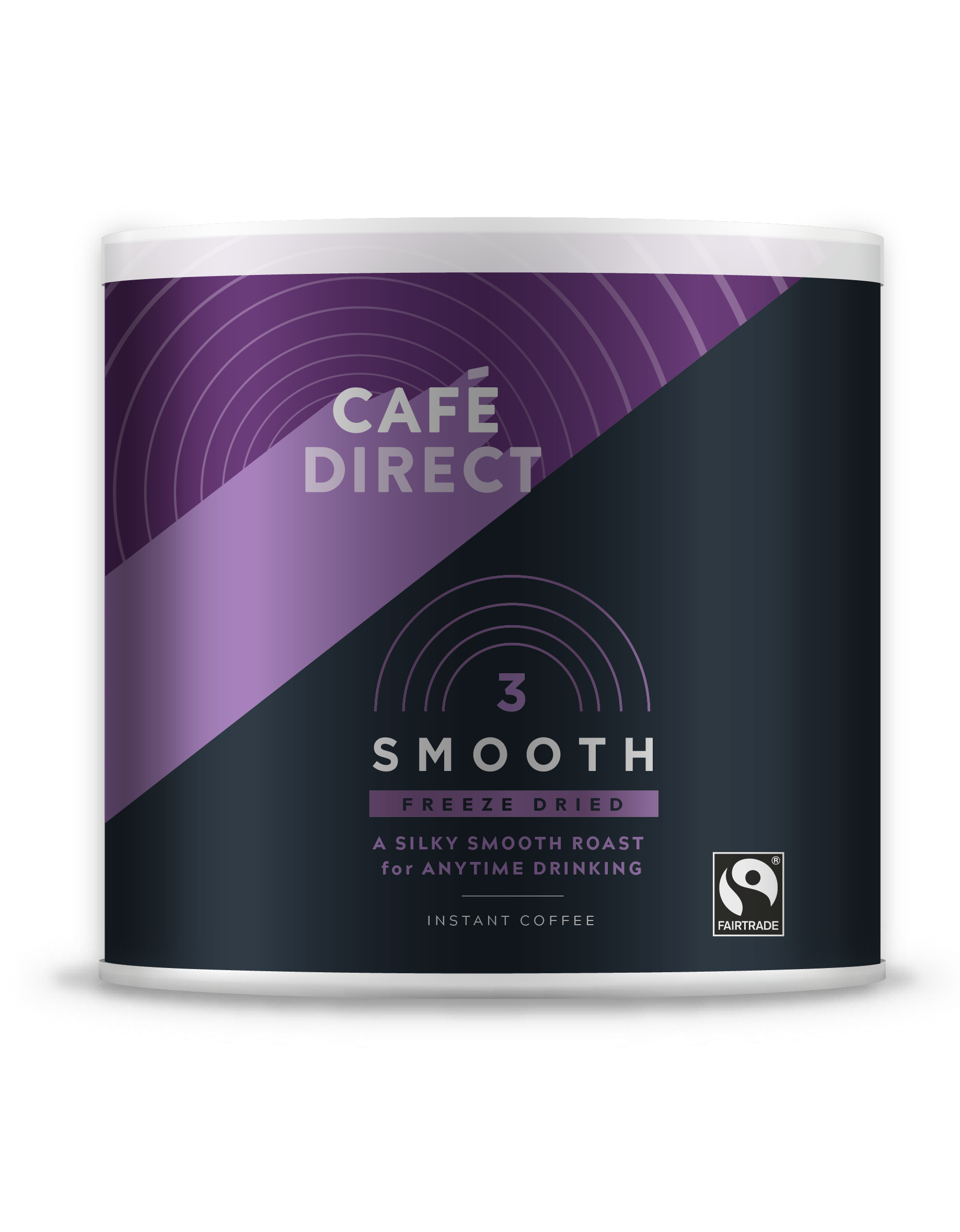A container of Café Direct instant smooth roast coffee, 500g size, with purple and black color scheme.