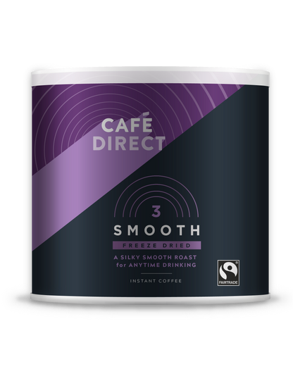 A container of Café Direct instant smooth roast coffee, 500g size, with purple and black color scheme.