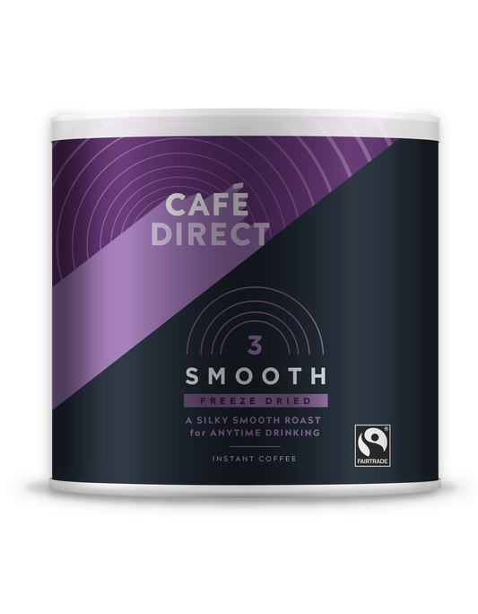 A container of Café Direct instant smooth roast coffee, 500g size, with purple and black color scheme.