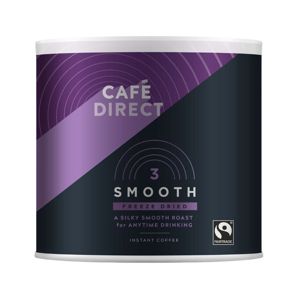 A container of Café Direct instant smooth roast coffee, 500g size, with purple and black color scheme.