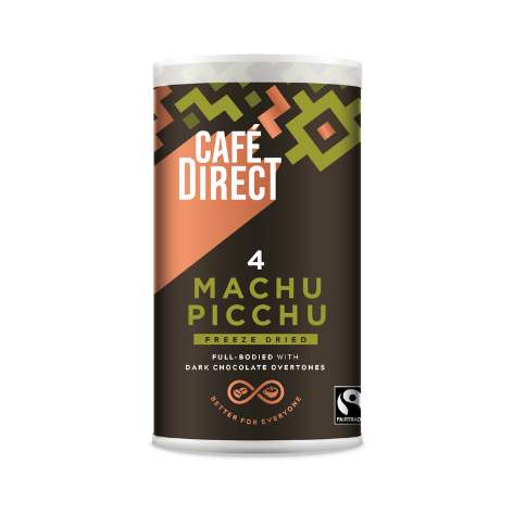 Packaging of Café Direct Machu Picchu Freeze Dried Instant Coffee, 100g. The package has a geometric pattern with predominantly green and copper shapes on a brown background and the Fairtrade logo.