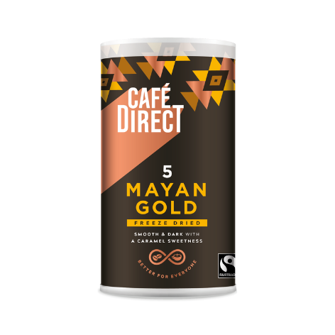 A cylindrical container of Café Direct Mayan Gold instant coffee with a graphic design and product information on the label.