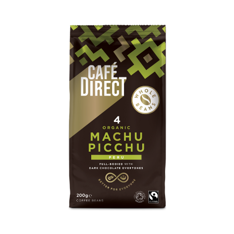 Packaging of Café Direct Machu Picchu Organic Whole Beans coffee. The package is predominantly black and green with the product name prominently displayed.