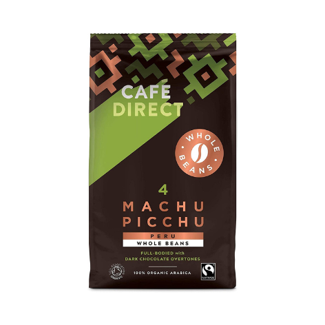 Packaging for Café Direct Machu Picchu Organic Whole Beans coffee, featuring a geometric pattern and information about the product.