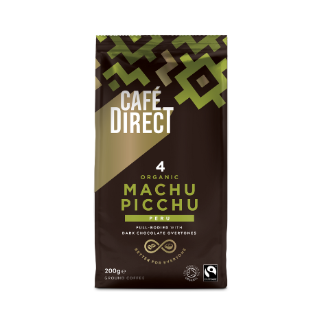 Packaging of Café Direct Machu Picchu Organic Roast Ground Coffee, 200g.