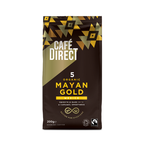 Packaging of Café Direct Mayan Gold Roast Ground Coffee, 200g. The package has a geometric pattern with predominantly yellow triangles on a brown background and text that highlights the product as organic.