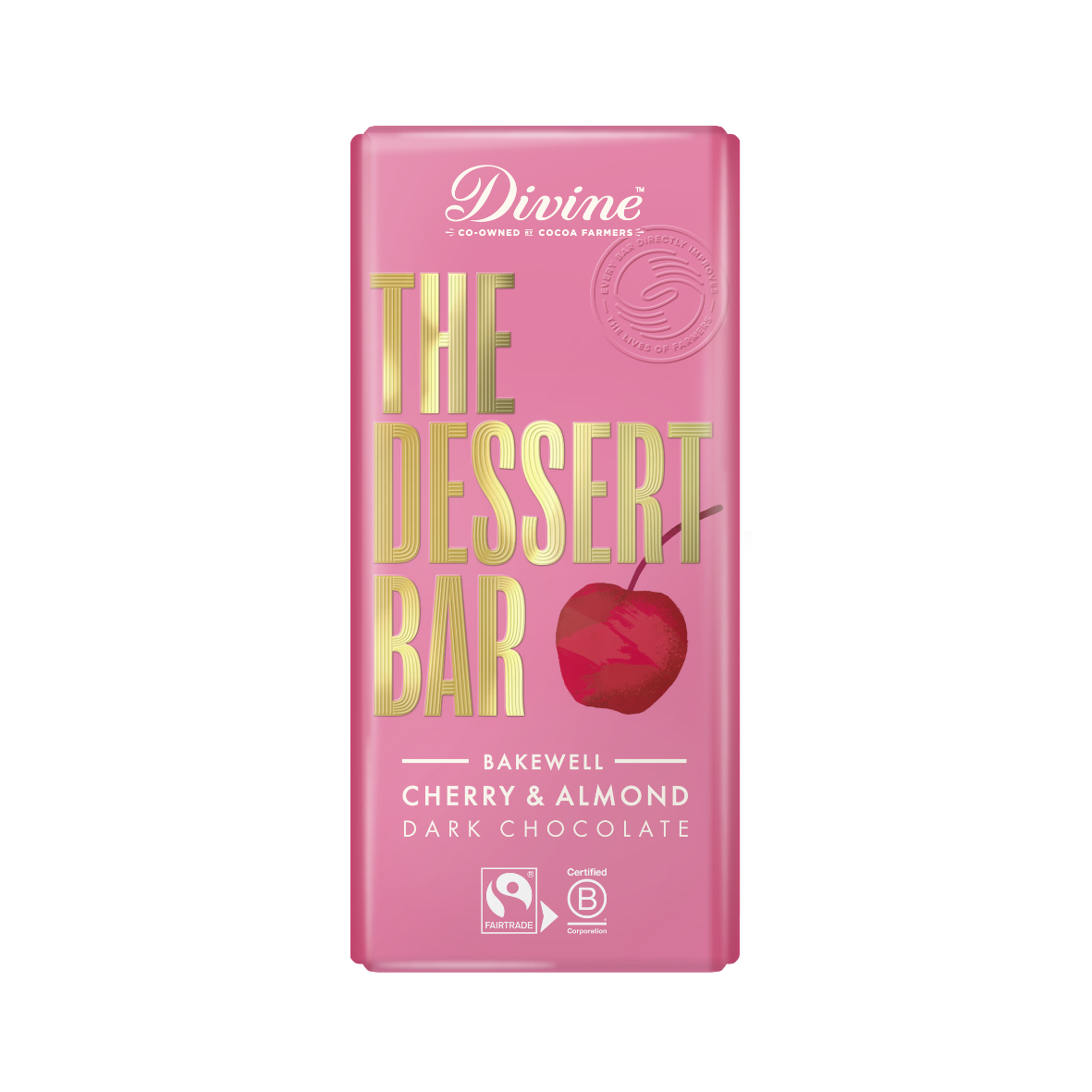 A pink wrapper of Divine dark chocolate bar with the text 'THE DESSERT BAR' and an image of a cherry, indicating it is a cherry and almond flavored chocolate bar.