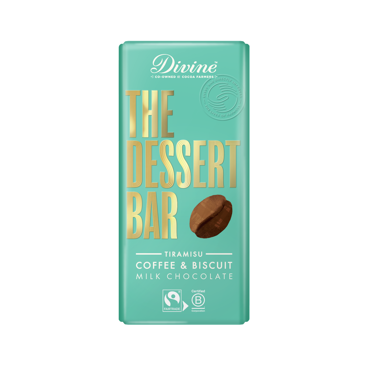 A chocolate bar packaging with the text 'The Dessert Bar' and 'Tiramisu Coffee & Biscuit Milk Chocolate', featuring an image of a coffee bean.