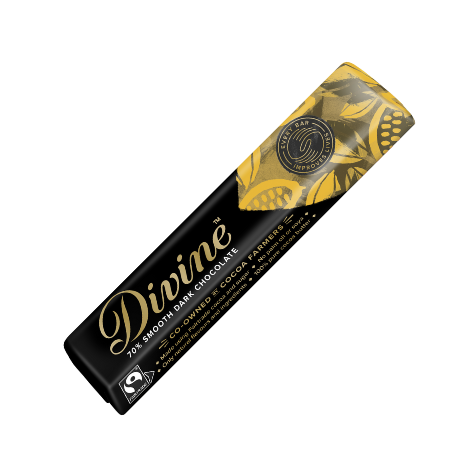A bar of Divine 70% dark chocolate with decorative gold accents on the packaging.