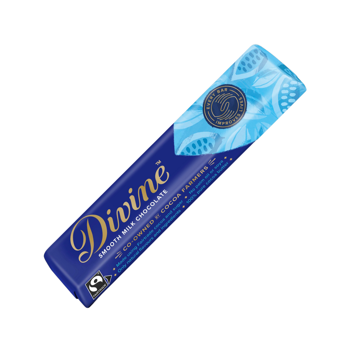 A wrapped bar of Divine milk chocolate with a blue and white design, indicating it is a product made with cocoa from Ghana.