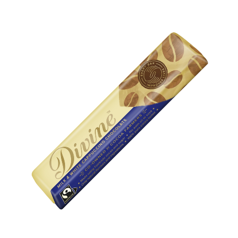 A wrapped 35g bar of Divine Fairtrade Milk & White Cappuccino Chocolate with an image of coffee beans and the brand's logo visible on the packaging.