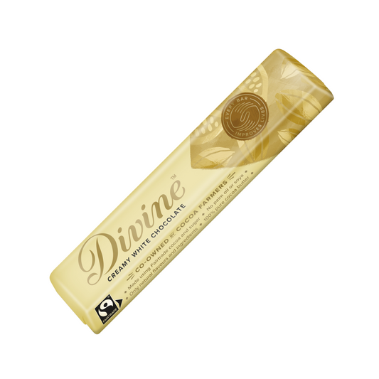 A bar of Divine creamy white chocolate, 35g, with branding and logos visible on the packaging.