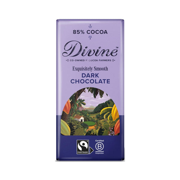 Divine 85% Cocoa dark chocolate bar packaging on a white background