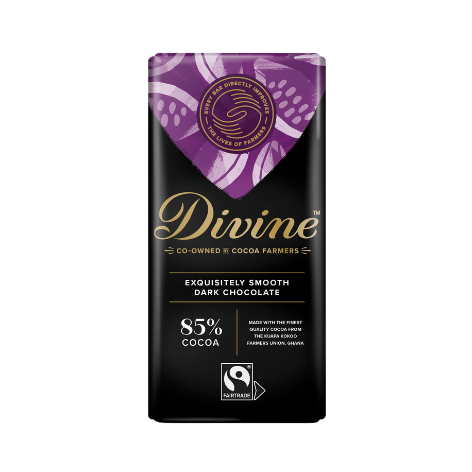 A bar of Divine 85% dark chocolate with a purple and black packaging, indicating it is a product with high cocoa content.