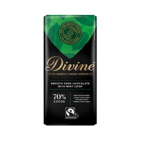 A bar of Divine dark chocolate with mint crisp, 70% cocoa, in a black and green wrapper.
