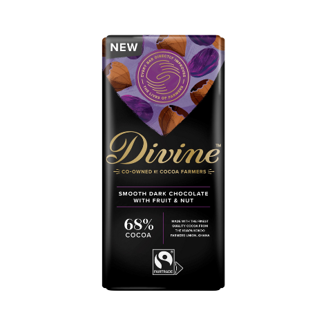 A bar of Divine dark chocolate with 68% cocoa, featuring images of raisins and hazelnuts, indicating it is a fruit and nut chocolate bar.