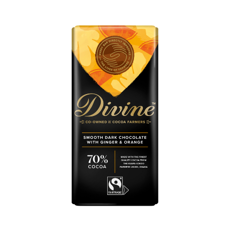 A bar of Divine dark chocolate with ginger and orange flavor, 70% cocoa, with visible orange cocoa butter crystals on the surface.