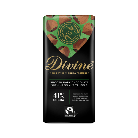 A bar of Divine dark chocolate with hazelnut truffle, indicating 68% cocoa content.