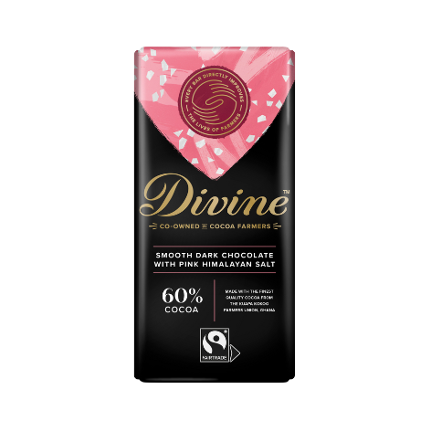 A bar of Divine dark chocolate with 60% cocoa, featuring pink Himalayan salt. The packaging is predominantly dark with a pink band at the top where the salt is highlighted.