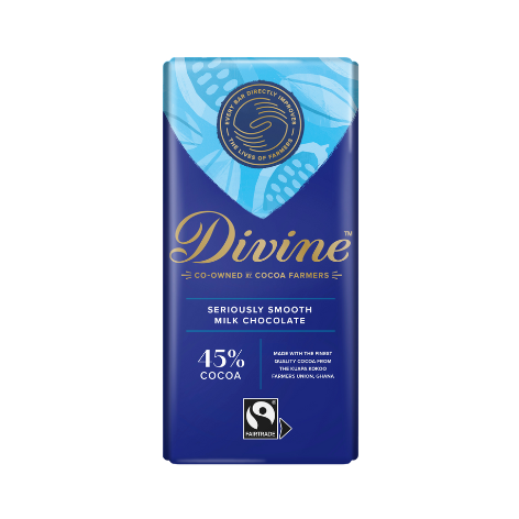 A 90g bar of Fairtrade Divine milk chocolate with 45% cocoa, indicating it is made with high-quality cocoa from Ghana.